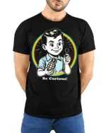 Funny Be Curious Retro Kid Graphic T Shirt Vintage Humor Style - model wearing black tee with hands behind back