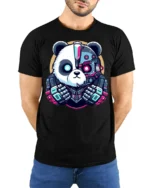 Cyberpunk Panda Robot Graphic T Shirt Futuristic Tech Style - model wearing black tee with hands behind back