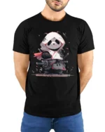 Cute Samurai Panda Graphic T Shirt Japanese Style Warrior Design - model wearing black tee with hands behind back