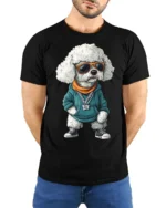 Stylish Rapper Poodle Graphic T Shirt Cool Street Vibe Design - model wearing black tee with hands behind back