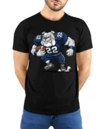 Cool Bulldog Running Football Graphic T Shirt Athletic Cartoon Tee - model wearing black tee with hands behind back