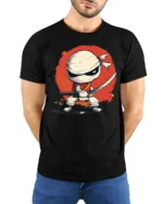 Cartoon Ninja Fighter Graphic T Shirt Cute Warrior Style Design - model wearing black tee with hands behind back