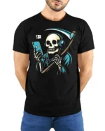 Funny Grim Reaper Phone Addict Graphic T Shirt Dark Humor Style - model wearing black tee with hands behind back