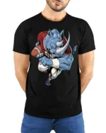 Tough Rhino Football Graphic T Shirt Funny Sports Fan Design - model wearing black tee with hands behind back