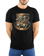 Steampunk Gear Top Hat Graphic T Shirt Vintage Mechanical Style - model wearing black tee with hands behind back