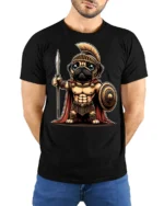 Cute Spartan Pug Warrior Graphic T Shirt Funny Ancient Hero Style - model wearing black tee with hands behind back