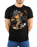 Crazy Monkey Skater Coffee Graphic T Shirt Urban Cartoon Vibe - model wearing black tee with hands behind back