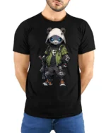 Cool Tactical Panda Graphic T Shirt Streetwear Ninja Style - model wearing black tee with hands behind back