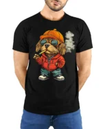 Hip Hop Dog With Sunglasses Graphic T Shirt Urban Funny Style - model wearing black tee with hands behind back