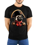 Cute Pug Emperor Portrait Graphic T Shirt Funny Historic Vibe - model wearing black tee with hands behind back