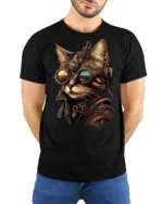 Steampunk Cat With Goggles Graphic T Shirt Vintage Sci Fi Style - model wearing black tee with hands behind back