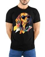 Cool Dachshund With Sunglasses Graphic T Shirt Colorful Style - model wearing black tee with hands behind back