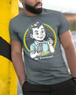 Funny Be Curious Retro Kid Graphic T Shirt Vintage Humor Style - model wearing grey tee, leaning on column