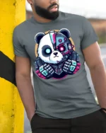 Cyberpunk Panda Robot Graphic T Shirt Futuristic Tech Style - model wearing grey tee, leaning on column