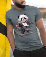 Cute Samurai Panda Graphic T Shirt Japanese Style Warrior Design - model wearing grey tee, leaning on column