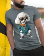 Stylish Rapper Poodle Graphic T Shirt Cool Street Vibe Design - model wearing grey tee, leaning on column