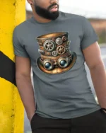 Steampunk Gear Top Hat Graphic T Shirt Vintage Mechanical Style - model wearing grey tee, leaning on column