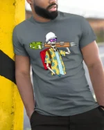 Funny Skeleton Student With Giant Pencil Graphic T Shirt Humor Style - model wearing grey tee, leaning on column