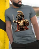 Cute Spartan Pug Warrior Graphic T Shirt Funny Ancient Hero Style - model wearing grey tee, leaning on column