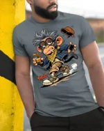 Crazy Monkey Skater Coffee Graphic T Shirt Urban Cartoon Vibe - model wearing grey tee, leaning on column