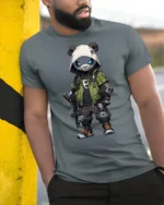 Cool Tactical Panda Graphic T Shirt Streetwear Ninja Style - model wearing grey tee, leaning on column