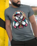 Cool Hip Hop Panda Graphic T Shirt Streetwear Urban Style - model wearing grey tee, leaning on column