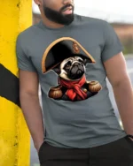 Cute Pug Emperor Portrait Graphic T Shirt Funny Historic Vibe - model wearing grey tee, leaning on column