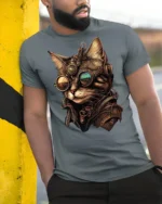 Steampunk Cat With Goggles Graphic T Shirt Vintage Sci Fi Style - model wearing grey tee, leaning on column