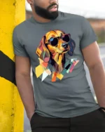 Cool Dachshund With Sunglasses Graphic T Shirt Colorful Style - model wearing grey tee, leaning on column