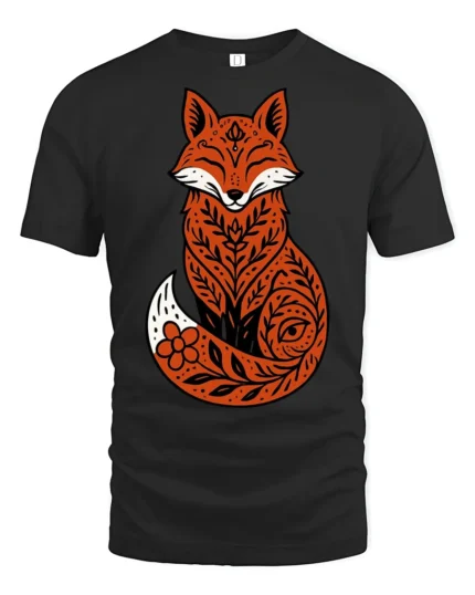 Cute Folk Art Fox Floral Pattern Nature Inspired Graphic T Shirt - black t-shirt on white background