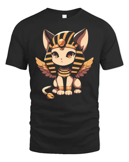 Kawaii Egyptian Cat Goddess Winged Sphinx Graphic T Shirt - black t-shirt on white background