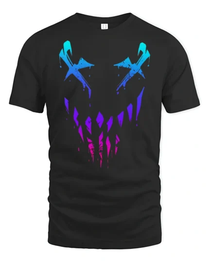 Neon Glitch Evil Smile Face Dark Aesthetic Graphic T Shirt - black t-shirt on white background