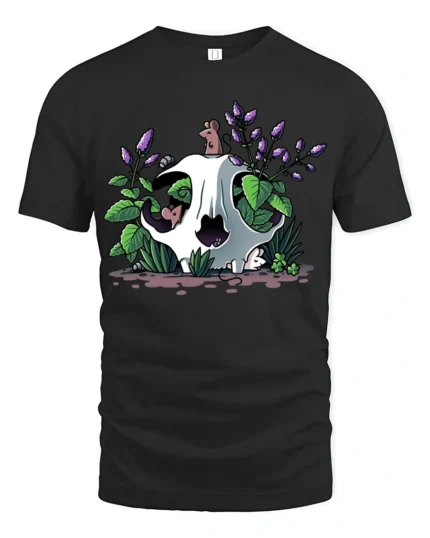 Whimsical Skull With Flowers Nature Lover Artistic T Shirt - black t-shirt on white background