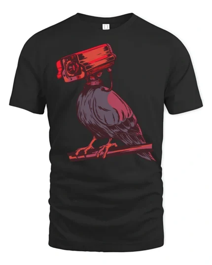 Paranoid Raven Security Camera Head Dark Humor Graphic T Shirt - black t-shirt on white background
