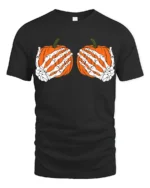 Funny Skeleton Hands Holding Pumpkins Halloween Spooky Graphic T Shirt - black t-shirt on white background