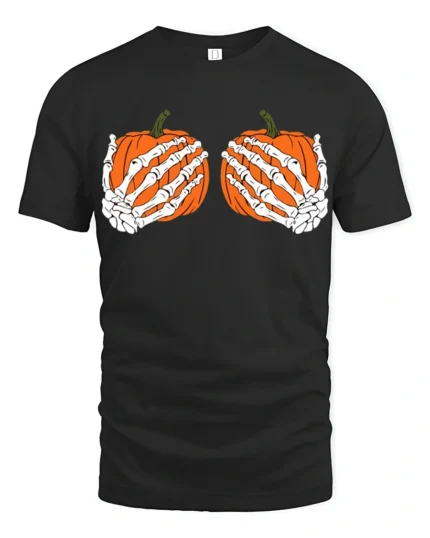 Funny Skeleton Hands Holding Pumpkins Halloween Spooky Graphic T Shirt - black t-shirt on white background