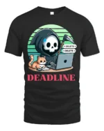Deadline Grim Reaper Programmer Cat Funny Graphic T Shirt - black t-shirt on white background