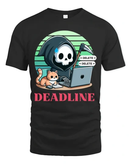 Deadline Grim Reaper Programmer Cat Funny Graphic T Shirt - black t-shirt on white background