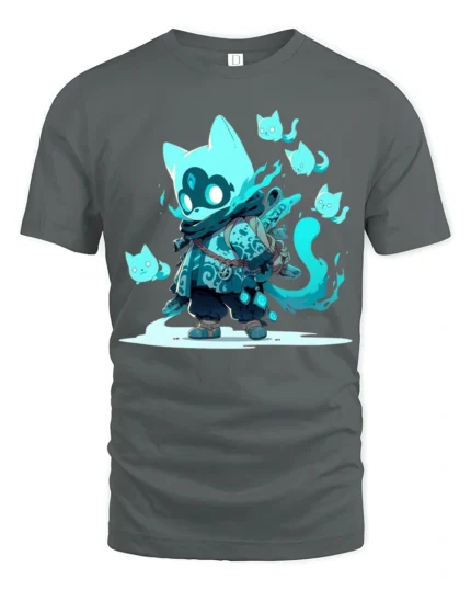 Cute Ghost Cat Spirit Warrior Graphic T Shirt Fantasy Style - gray t-shirt on white background