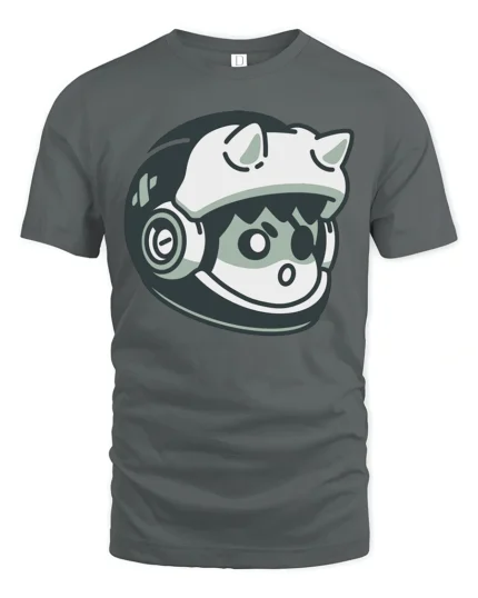 Cute Space Cat Astronaut Helmet Cartoon Graphic T Shirt Fun - gray t-shirt on white background