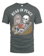Funny Read In Peace Skeleton Graphic T Shirt Book Lover Humor - gray t-shirt on white background