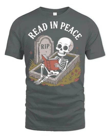 Funny Read In Peace Skeleton Graphic T Shirt Book Lover Humor - gray t-shirt on white background
