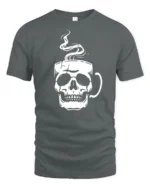 Cool Skull Coffee Lover Graphic T Shirt Minimalist Design - gray t-shirt on white background