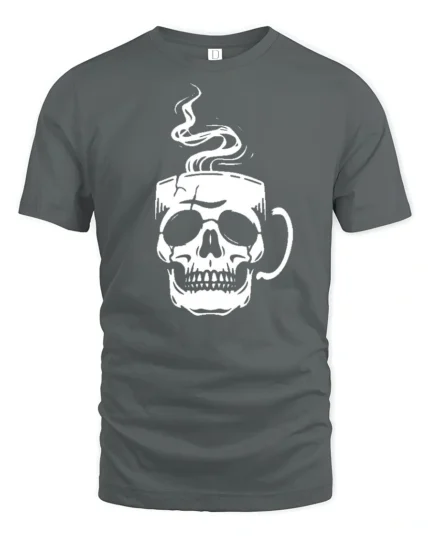 Cool Skull Coffee Lover Graphic T Shirt Minimalist Design - gray t-shirt on white background