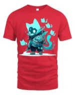 Cute Ghost Cat Spirit Warrior Graphic T Shirt Fantasy Style - red t-shirt on white background