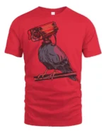 Paranoid Raven Security Camera Head Dark Humor Graphic T Shirt - red t-shirt on white background