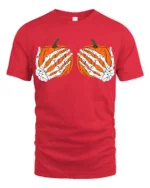 Funny Skeleton Hands Holding Pumpkins Halloween Spooky Graphic T Shirt - red t-shirt on white background
