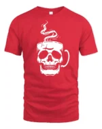 Cool Skull Coffee Lover Graphic T Shirt Minimalist Design - red t-shirt on white background