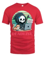 Deadline Grim Reaper Programmer Cat Funny Graphic T Shirt - red t-shirt on white background