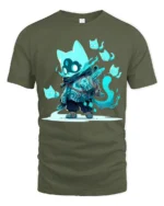 Cute Ghost Cat Spirit Warrior Graphic T Shirt Fantasy Style - military green t-shirt on white background
